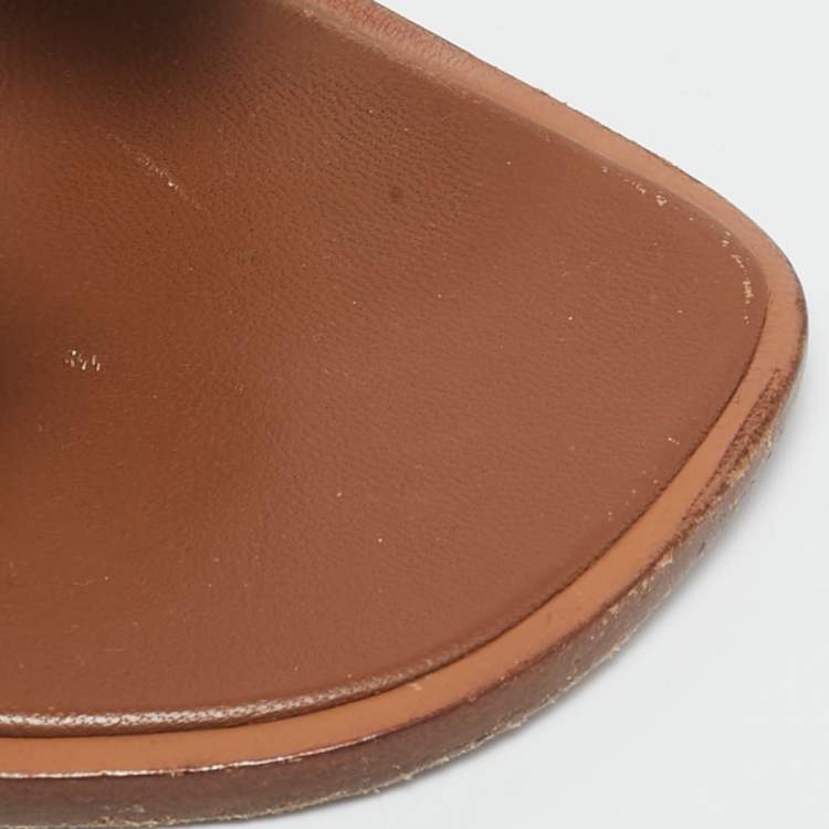 Pre Owned Hermes Brown/White Leather Oran Flat Slide Sandals Size 41