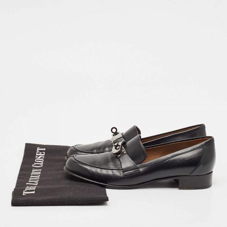Pre Owned Hermes Black Leather Destin Slip On Loafers Size 37