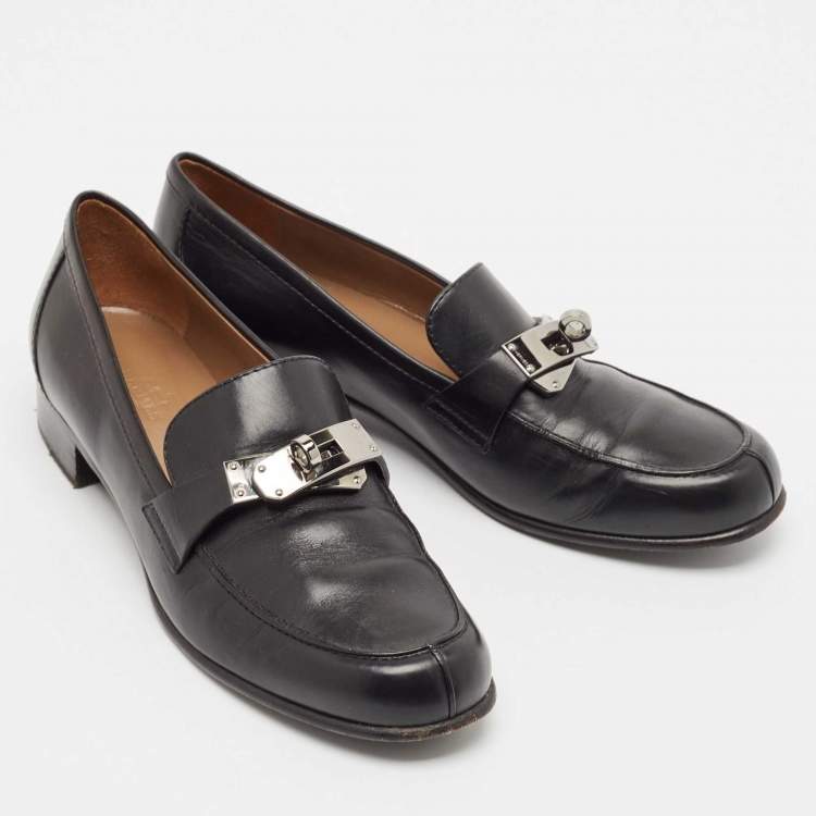 Pre Owned Hermes Black Leather Destin Slip On Loafers Size 37