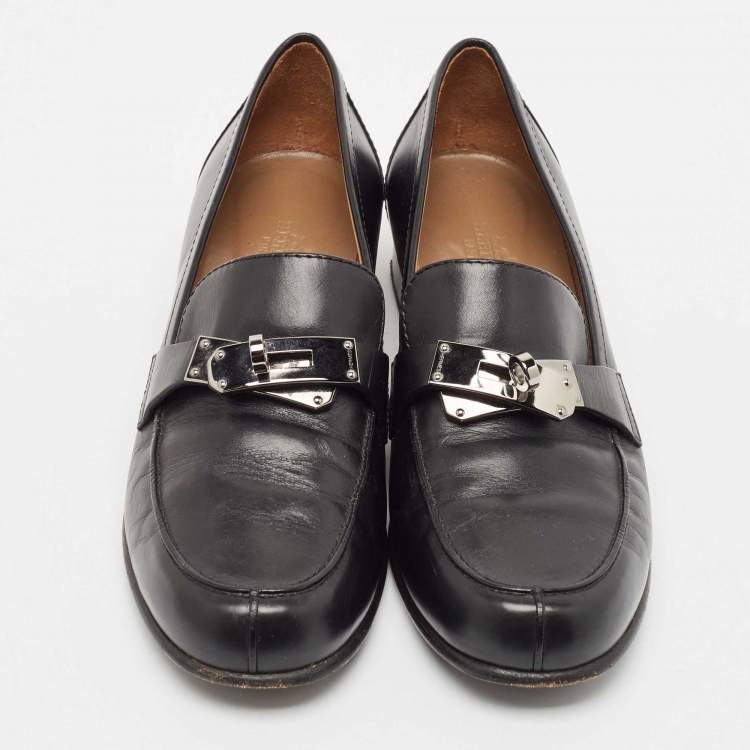 Pre Owned Hermes Black Leather Destin Slip On Loafers Size 37