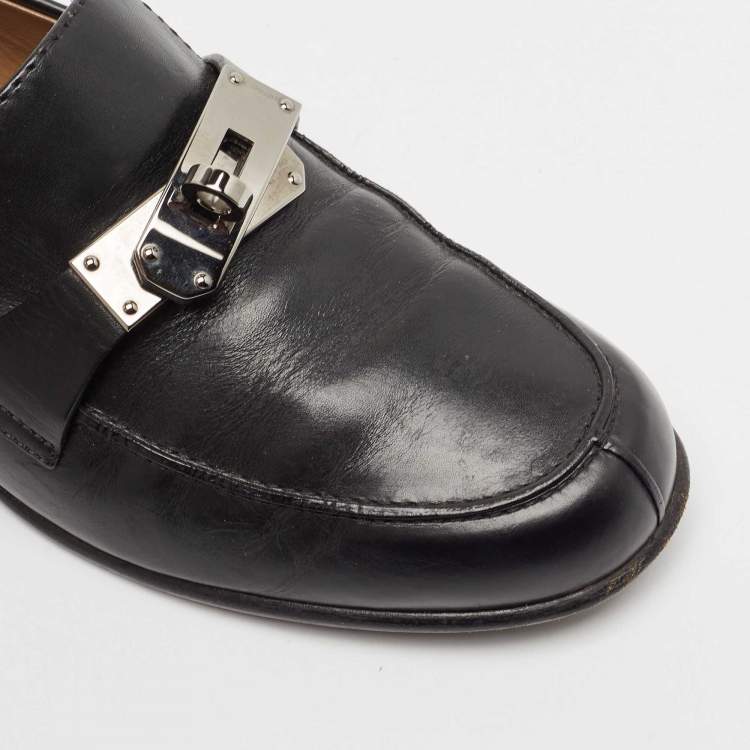 Pre Owned Hermes Black Leather Destin Slip On Loafers Size 37