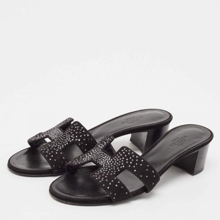 Pre Owned Hermes Black Suede Crystal Oasis Slide Sandals Size 36