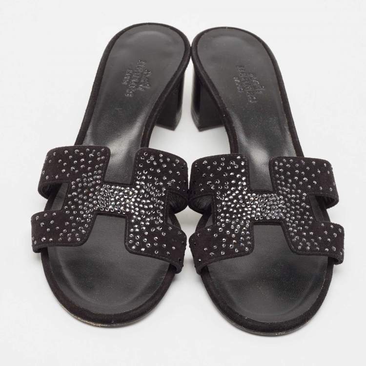 Pre Owned Hermes Black Suede Crystal Oasis Slide Sandals Size 36