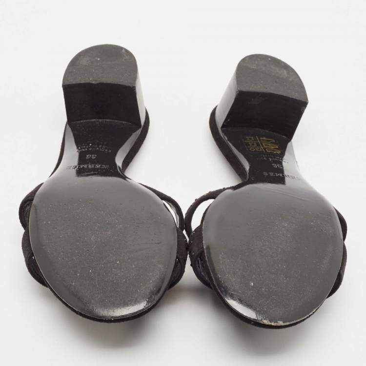 Pre Owned Hermes Black Suede Crystal Oasis Slide Sandals Size 36
