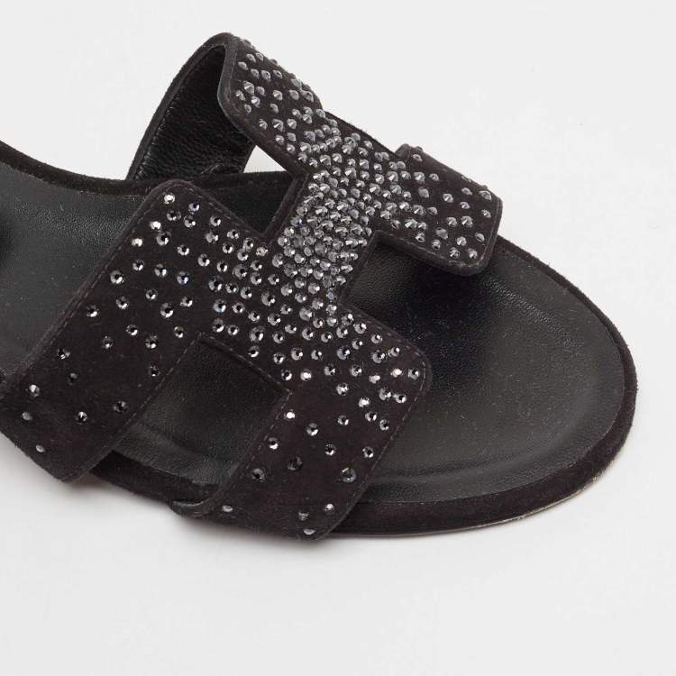 Pre Owned Hermes Black Suede Crystal Oasis Slide Sandals Size 36