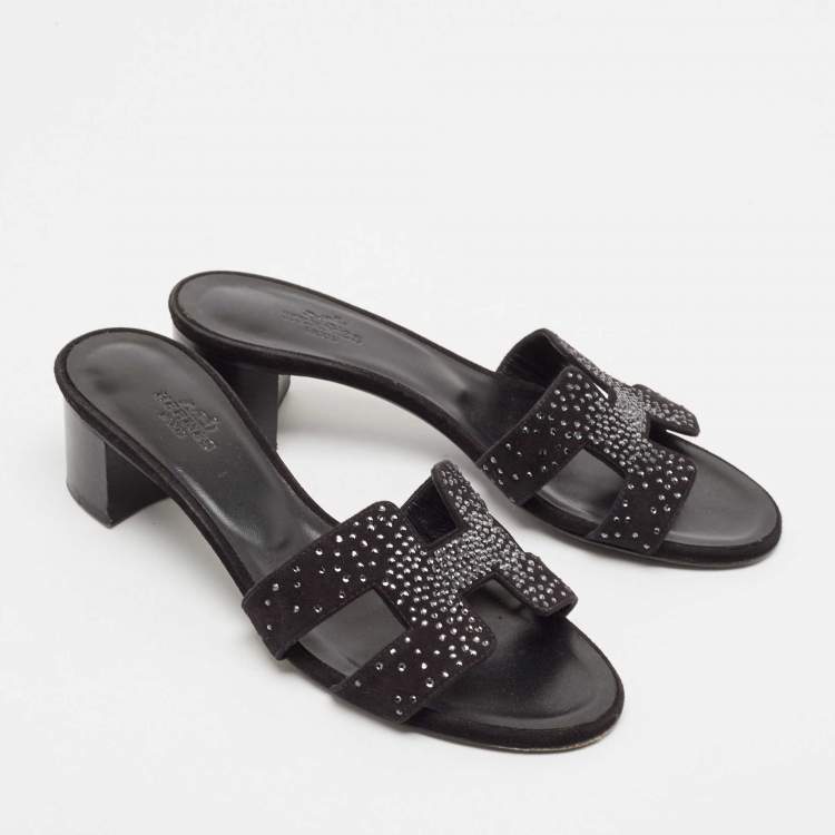 Pre Owned Hermes Black Suede Crystal Oasis Slide Sandals Size 36