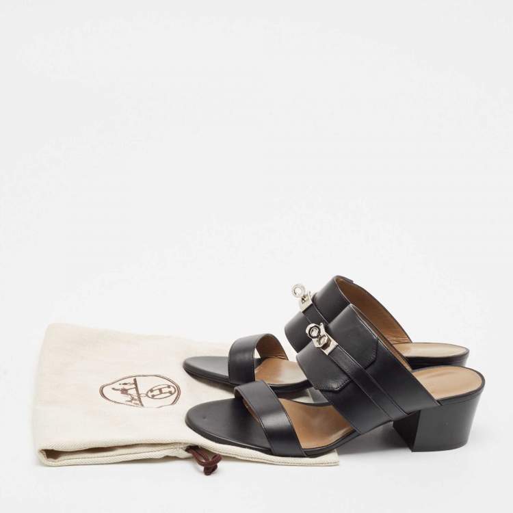 Pre Owned Hermes Black Leather Ovation Slide Sandals Size 39