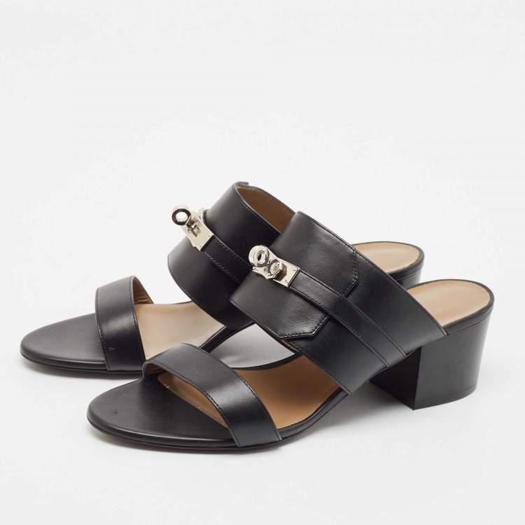 Pre Owned Hermes Black Leather Ovation Slide Sandals Size 39