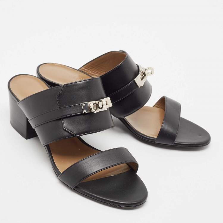 Pre Owned Hermes Black Leather Ovation Slide Sandals Size 39