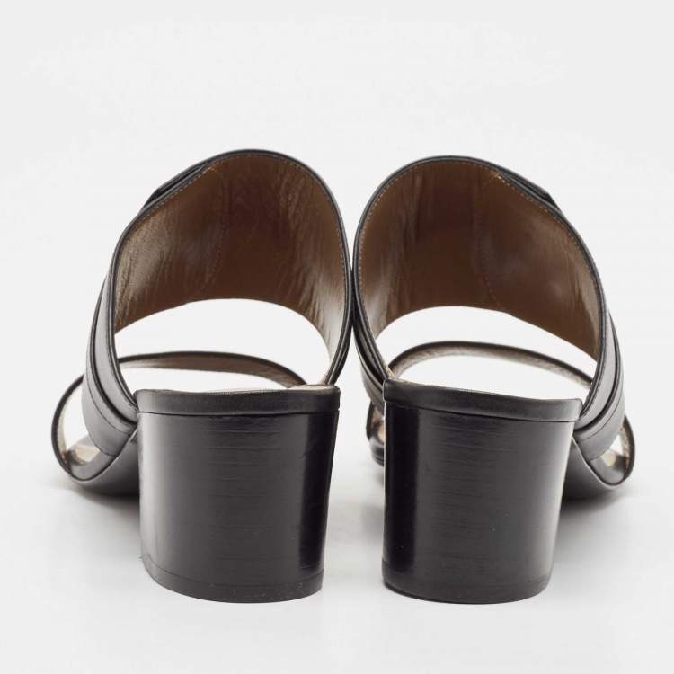 Pre Owned Hermes Black Leather Ovation Slide Sandals Size 39