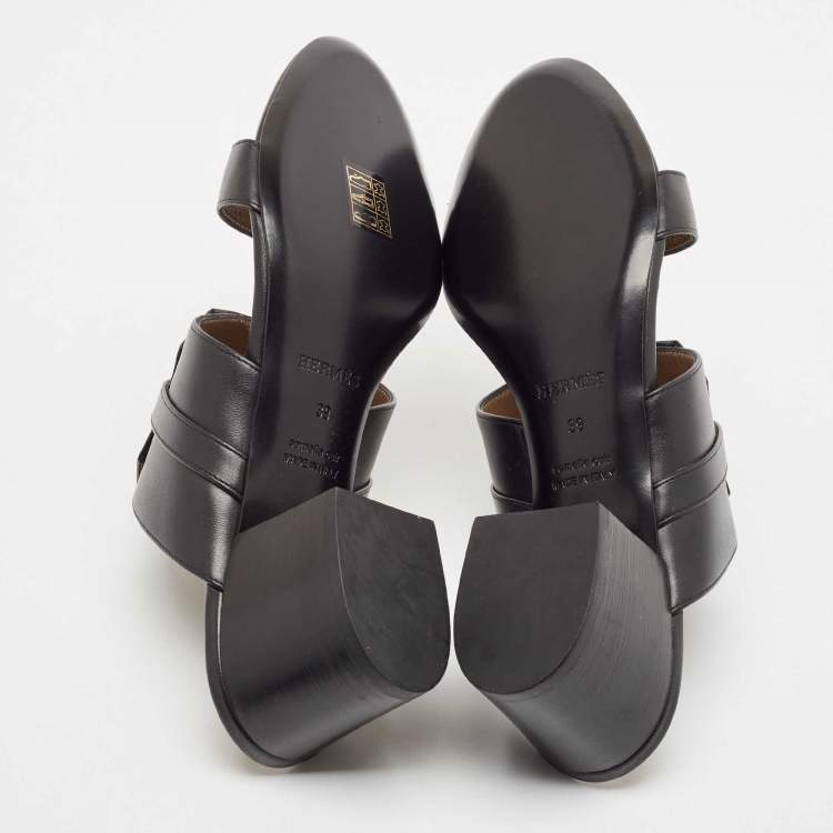 Pre Owned Hermes Black Leather Ovation Slide Sandals Size 39