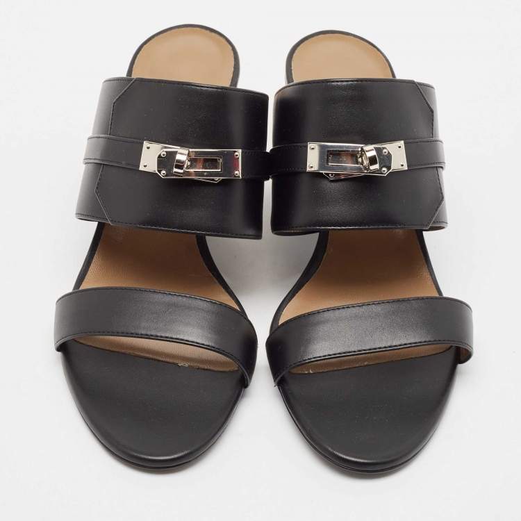 Pre Owned Hermes Black Leather Ovation Slide Sandals Size 39