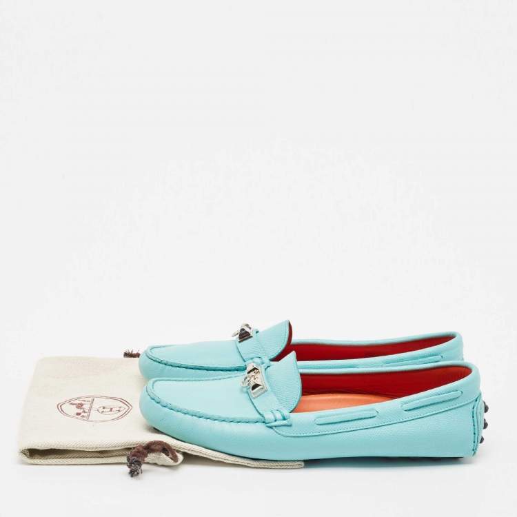 Pre Owned Hermes Light Blue Leather Irving Slip On Loafers Size 37.5