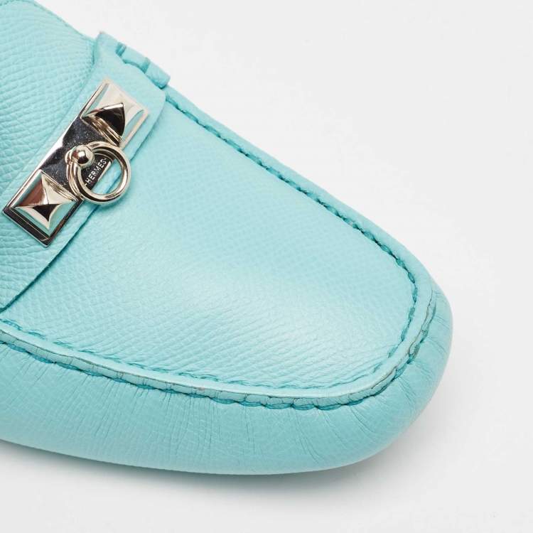 Pre Owned Hermes Light Blue Leather Irving Slip On Loafers Size 37.5