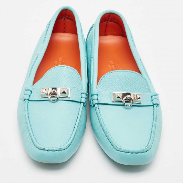 Pre Owned Hermes Light Blue Leather Irving Slip On Loafers Size 37.5