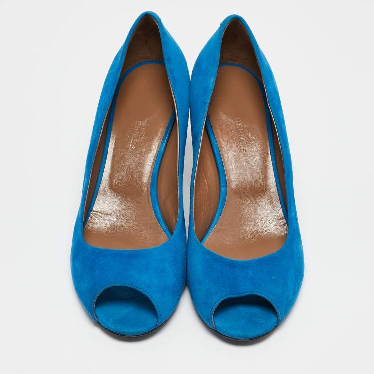 Pre Owned Hermes Blue Suede Peep Toe Pumps Size 38.5