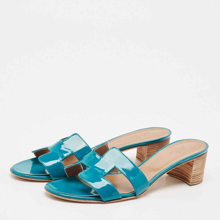Pre Owned Hermes Teal Green Patent Leather Oasis Slide Sandals Size 39
