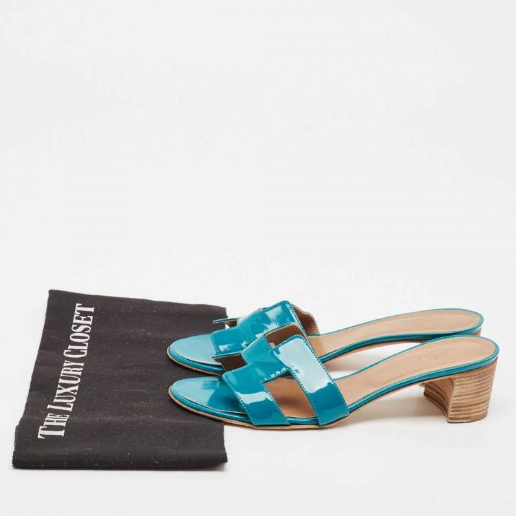 Pre Owned Hermes Teal Green Patent Leather Oasis Slide Sandals Size 39
