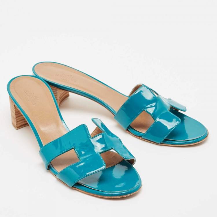 Pre Owned Hermes Teal Green Patent Leather Oasis Slide Sandals Size 39