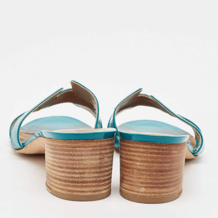 Pre Owned Hermes Teal Green Patent Leather Oasis Slide Sandals Size 39