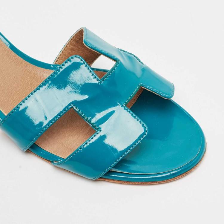Pre Owned Hermes Teal Green Patent Leather Oasis Slide Sandals Size 39