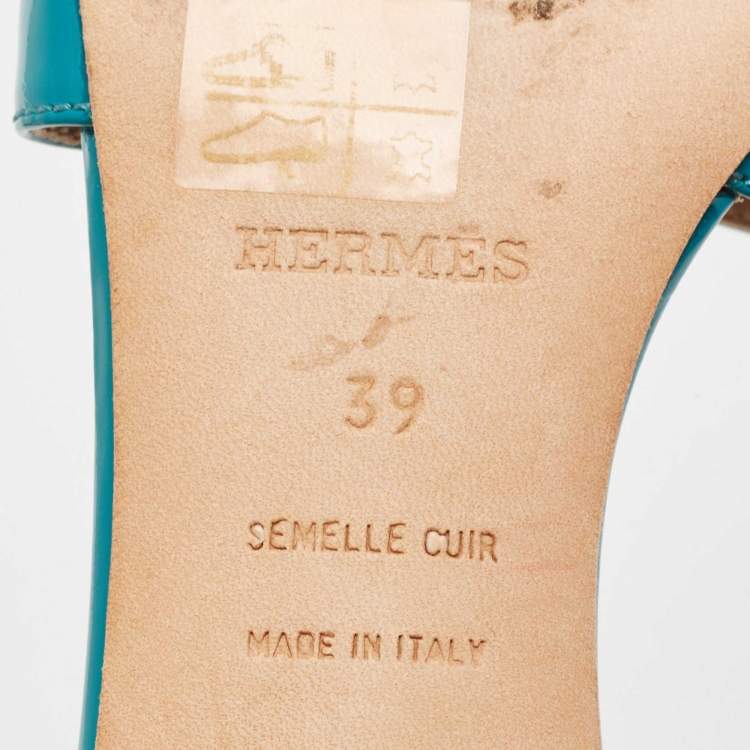 Pre Owned Hermes Teal Green Patent Leather Oasis Slide Sandals Size 39