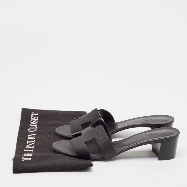 Pre Owned Hermes Black Leather Oasis Block Heel Slide Sandals Size 39