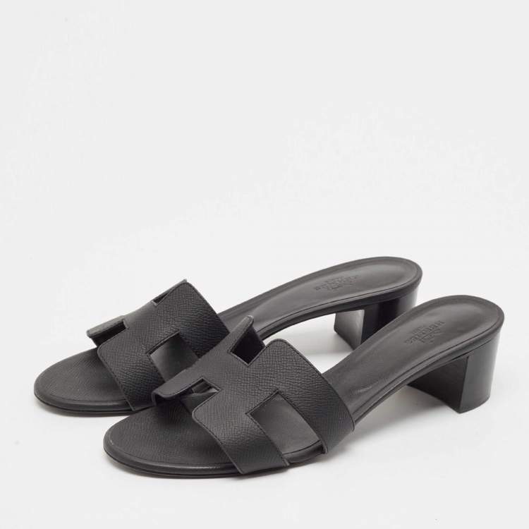 Pre Owned Hermes Black Leather Oasis Block Heel Slide Sandals Size 39