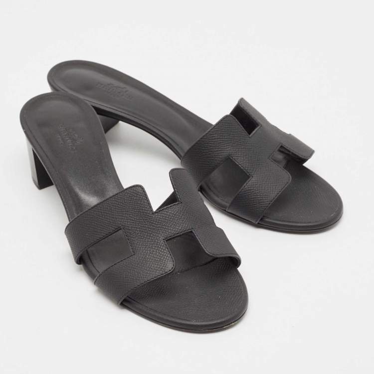 Pre Owned Hermes Black Leather Oasis Block Heel Slide Sandals Size 39