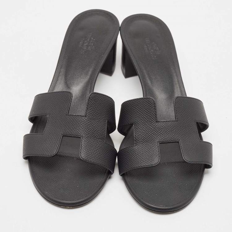 Pre Owned Hermes Black Leather Oasis Block Heel Slide Sandals Size 39