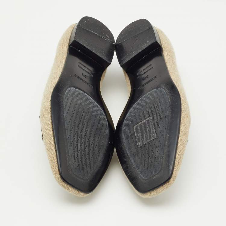 Pre Owned Hermes Brown/White Canvas and Leather Slip On Loafers Size 38