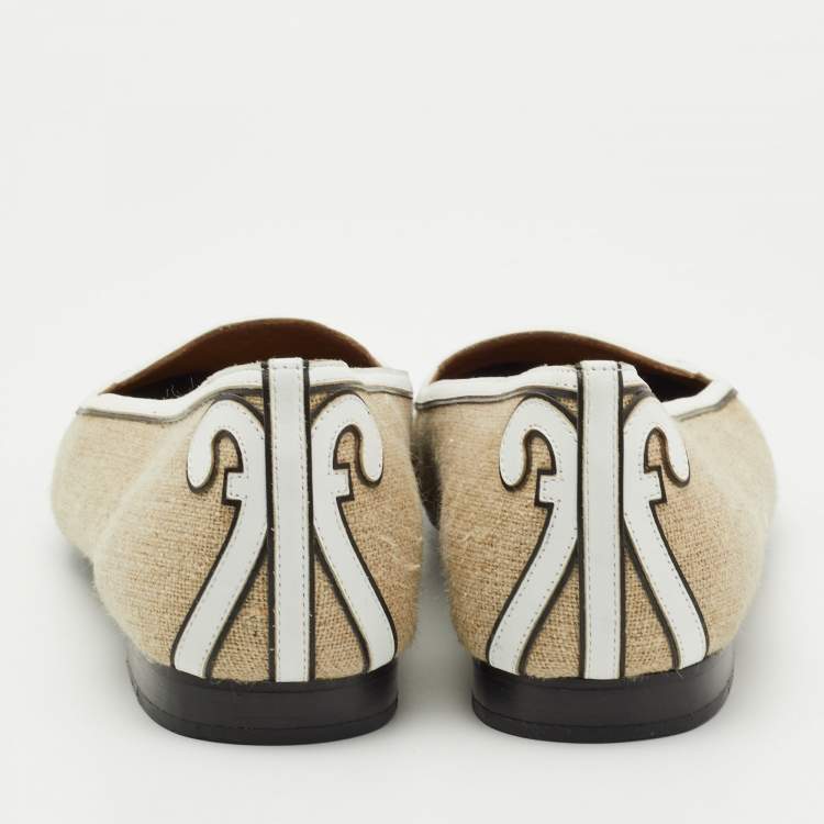 Pre Owned Hermes Brown/White Canvas and Leather Slip On Loafers Size 38