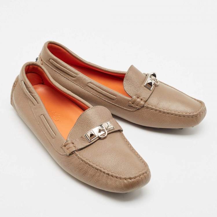 Pre Owned Hermes Brown Leather Irving Loafers Size 37.5