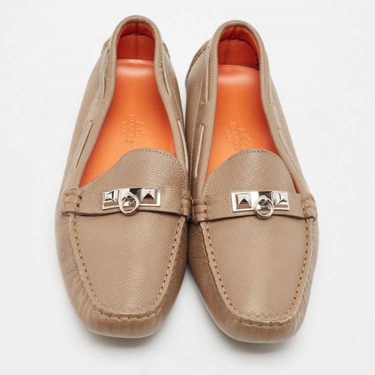 Pre Owned Hermes Brown Leather Irving Loafers Size 37.5