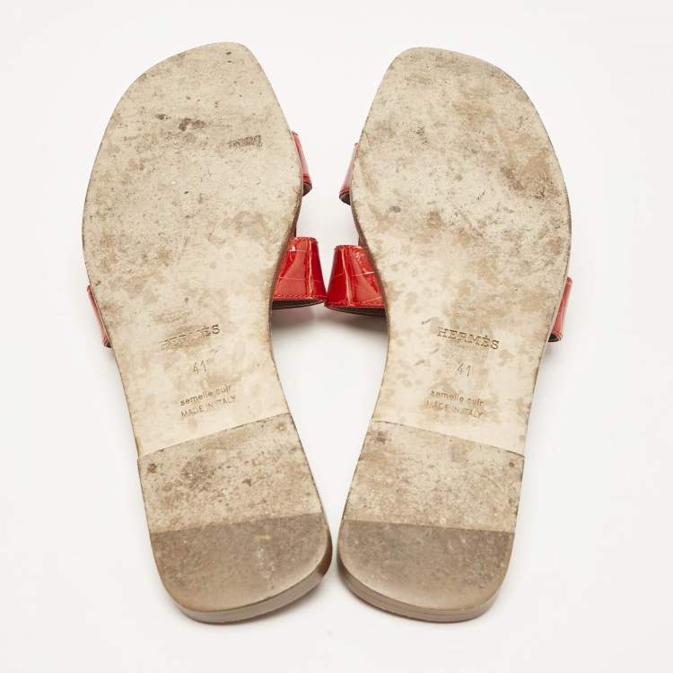 Pre Owned Hermes Red Crocodile Leather Oran Flat Slide Sandals Size 41