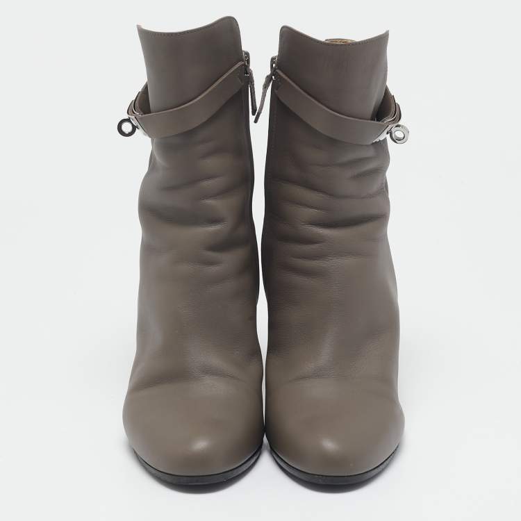Pre Owned Hermès Grey Leather Joueuse Ankle Length Boots Size 38