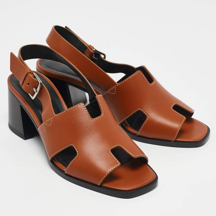 Pre Owned Hermes Tan Leather Elbe Slingback Sandals Size 37