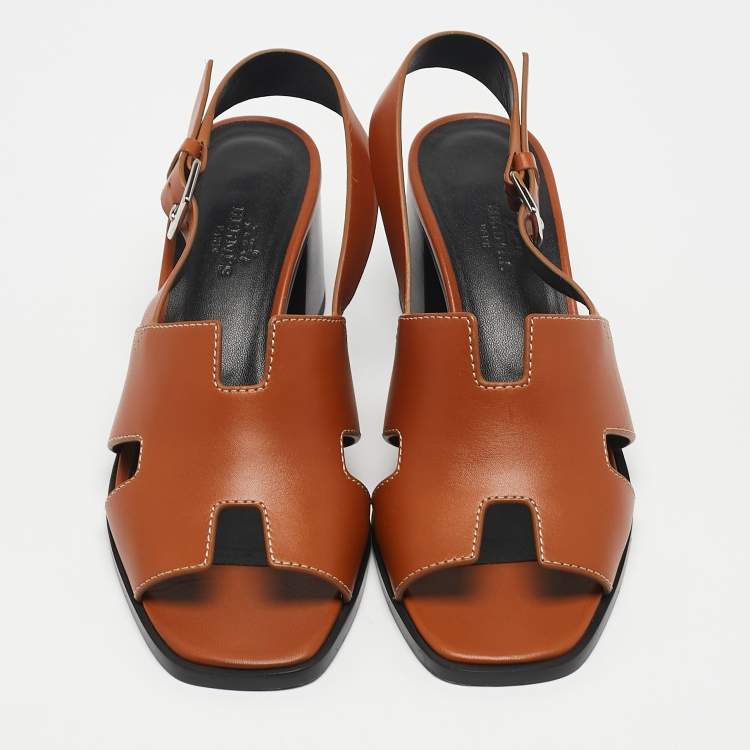 Pre Owned Hermes Tan Leather Elbe Slingback Sandals Size 37
