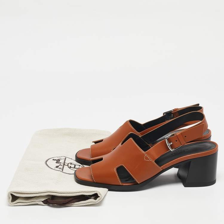 Pre Owned Hermes Tan Leather Elbe Slingback Sandals Size 37