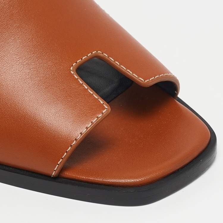 Pre Owned Hermes Tan Leather Elbe Slingback Sandals Size 37