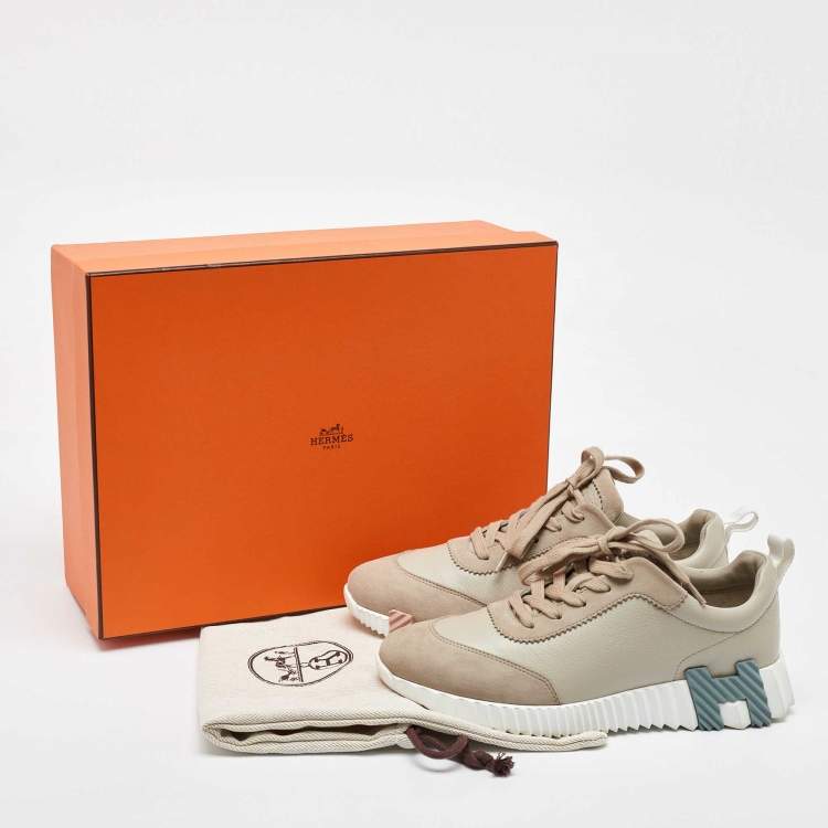 Pre Owned Hermes Beige Leather and Suede Bouncing Low Top Sneakers Size 38
