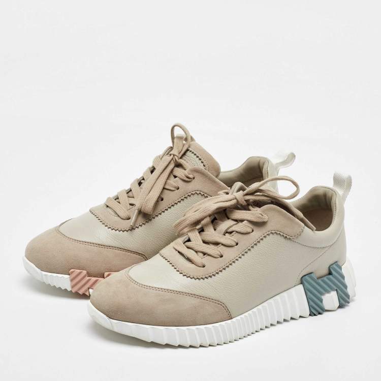 Pre Owned Hermes Beige Leather and Suede Bouncing Low Top Sneakers Size 38