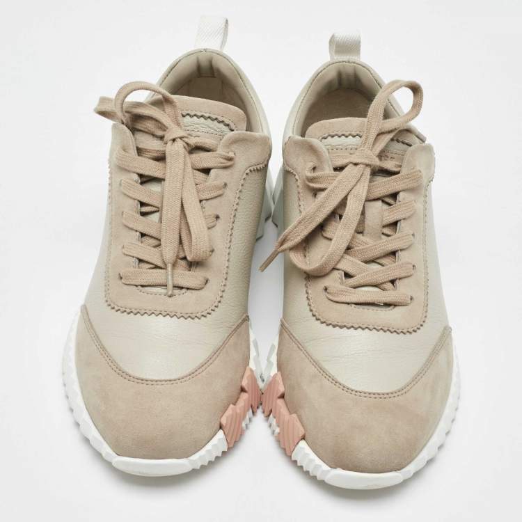 Pre Owned Hermes Beige Leather and Suede Bouncing Low Top Sneakers Size 38