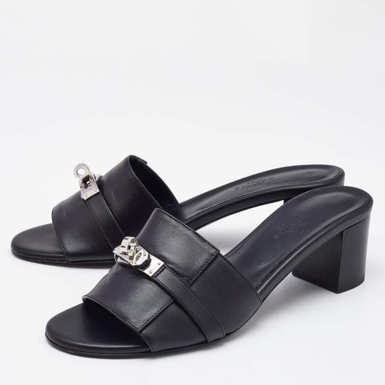Pre Owned Hermes Black Leather Gigi Slide Sandals Size 39