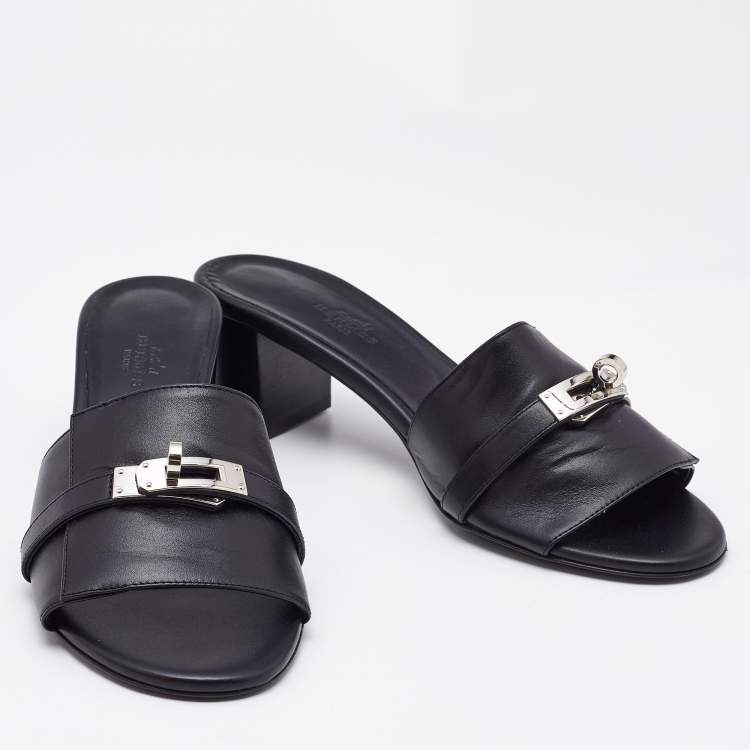 Pre Owned Hermes Black Leather Gigi Slide Sandals Size 39