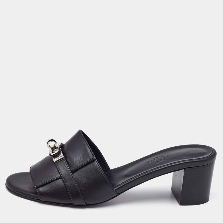Pre Owned Hermes Black Leather Gigi Slide Sandals Size 39