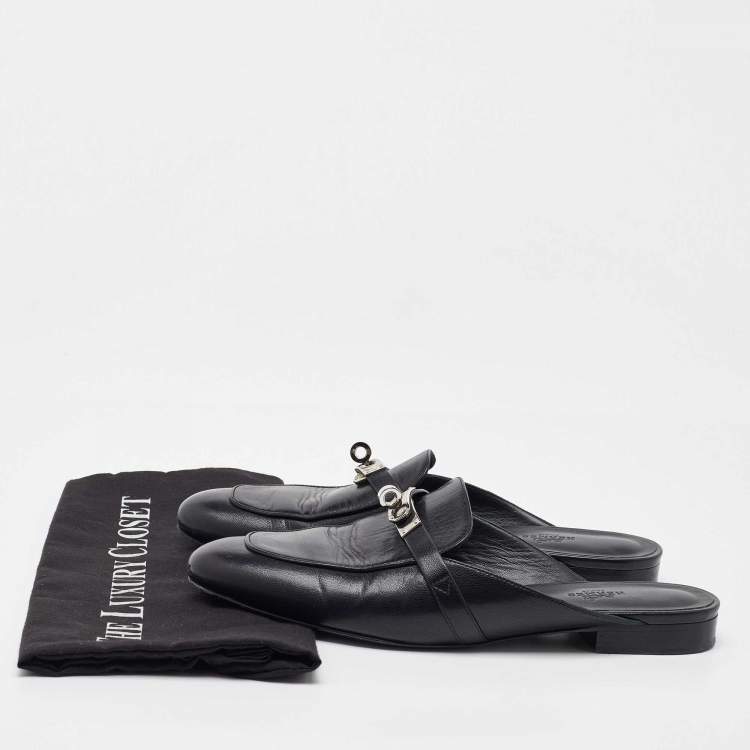 Pre Owned Hermes Black Leather Oz Flat Mules Size 40