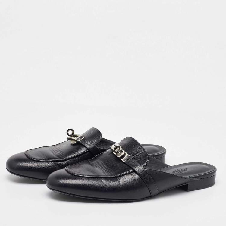 Pre Owned Hermes Black Leather Oz Flat Mules Size 40