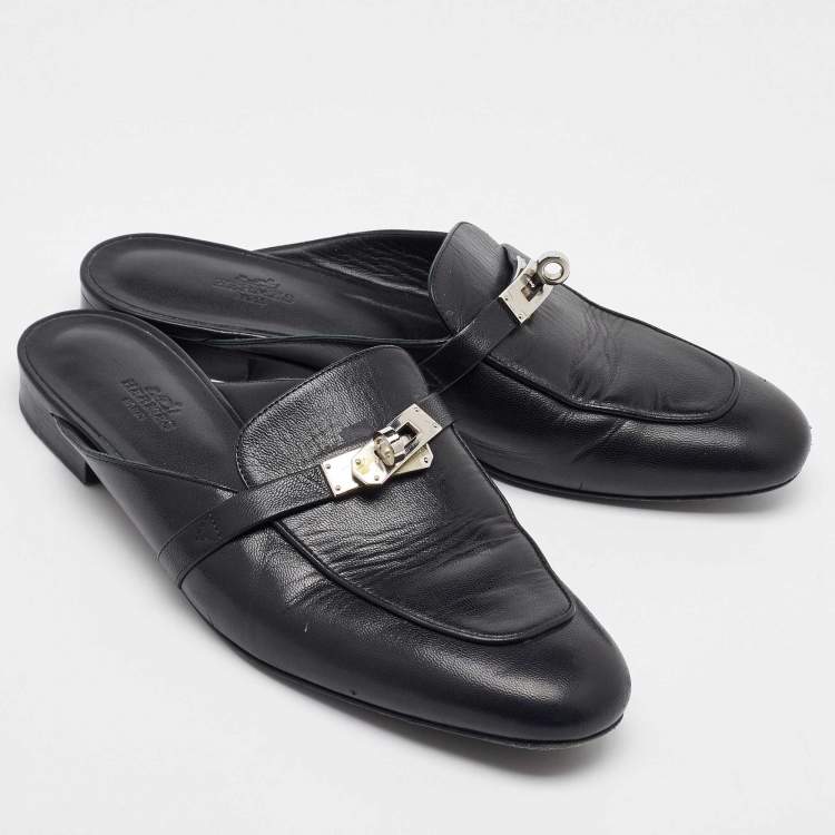 Pre Owned Hermes Black Leather Oz Flat Mules Size 40
