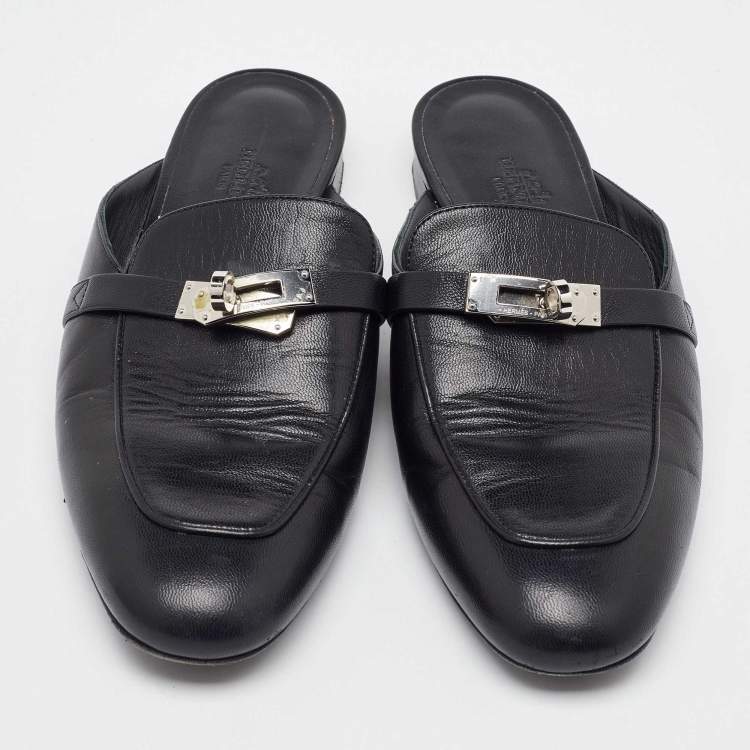 Pre Owned Hermes Black Leather Oz Flat Mules Size 40